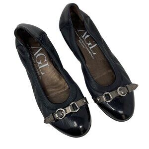 AGL Cap Toe Ballet Flat Size 7 EU 37 Black Leather Patent Buckle Belt